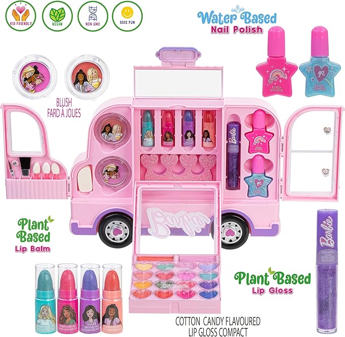 Barbie Car Makeup Kit for Girls, Real Washable Toy Makeup Set, Barbie Gift, Play Makeup and Pretend Play Toys Ages 6 7 8 9 10 11 12-Velvo Beauty