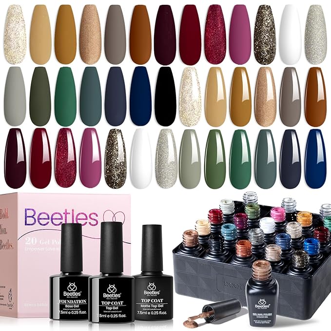 Beetles Fall Gel Nail Polish Set – 20 Colors Brown Burgundy Red Green Orange Glitter Winter Gel Polish, Soak Off UV LED Gel Polish Kit with Base Coat Glossy Matte Top Coat Manicure Gift for Women-Velvo Beauty
