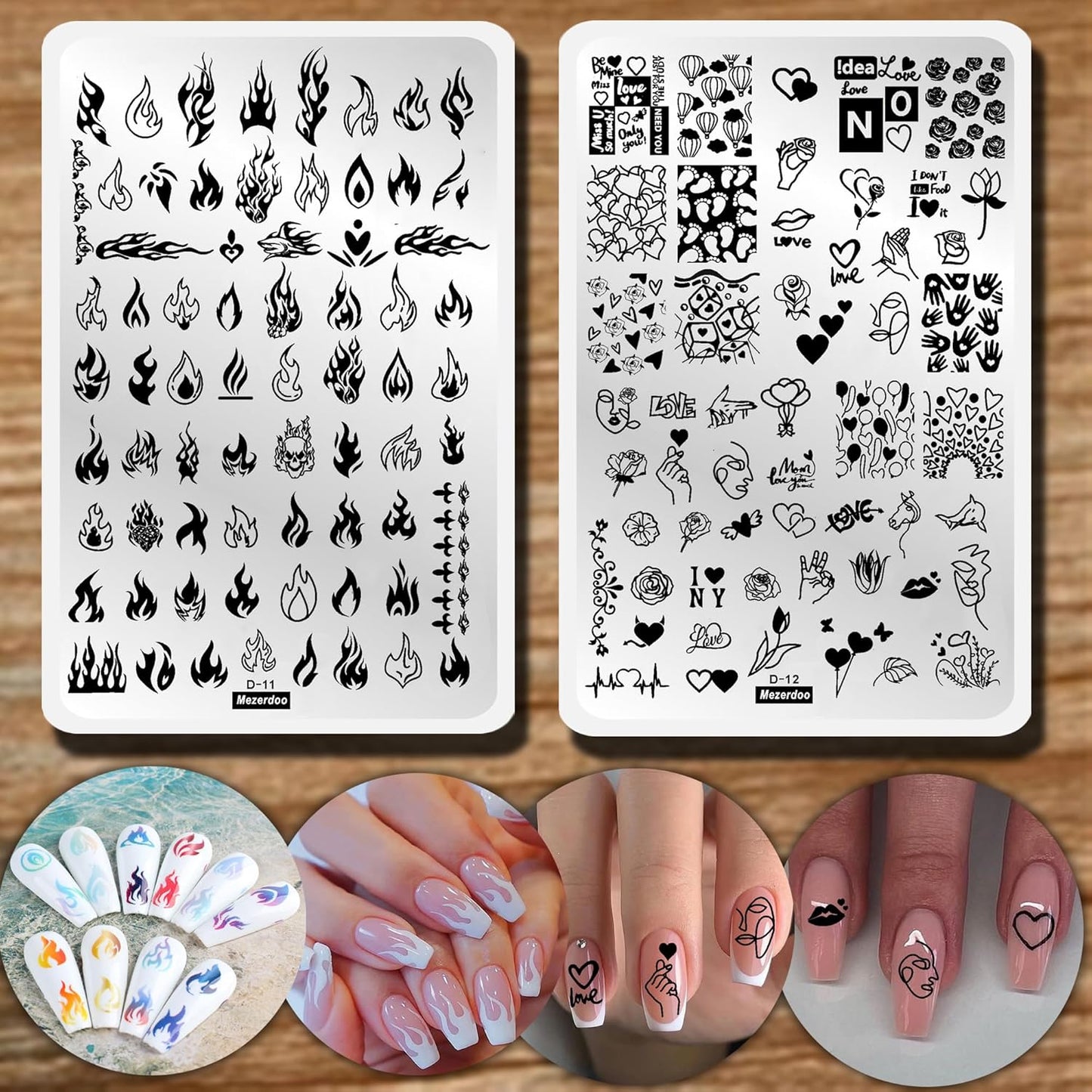 2pcs Large Size Nail Art Image Stamp Stamping Plates Fire Heart Pattern Valentine's Day Nail Stamping Plate Love DIY Nail Stamper Plates Stencil Palm Footprint Manicure Template Tools-Velvo Beauty