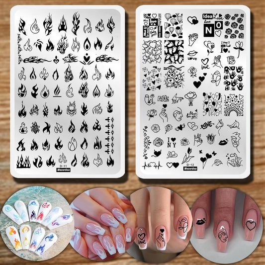 2pcs Large Size Nail Art Image Stamp Stamping Plates Fire Heart Pattern Valentine's Day Nail Stamping Plate Love DIY Nail Stamper Plates Stencil Palm Footprint Manicure Template Tools-Velvo Beauty