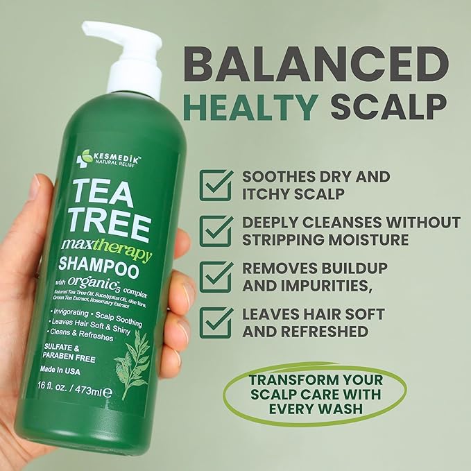Tea Tree Oil Shampoo MaxTherapy, Itchy Scalp Relief, Refreshes & Cleanses Dandruff & Buildup, Clarifying for Oily Hair, Women & Men, 16 fl oz-Velvo Beauty