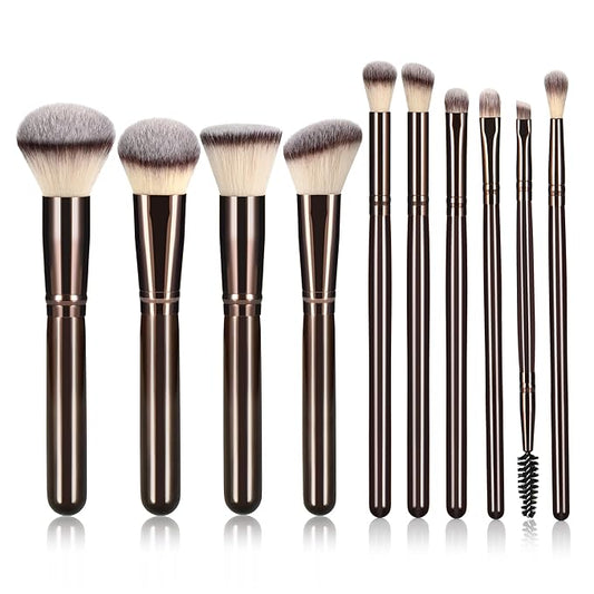 10 Piece Black brown Makeup Brushes - Wooden Handle with Soft Synthetic Bristles,for Face & Eye Makeup|Professional Makeup Brushes set for Women & Girls|-Velvo Beauty