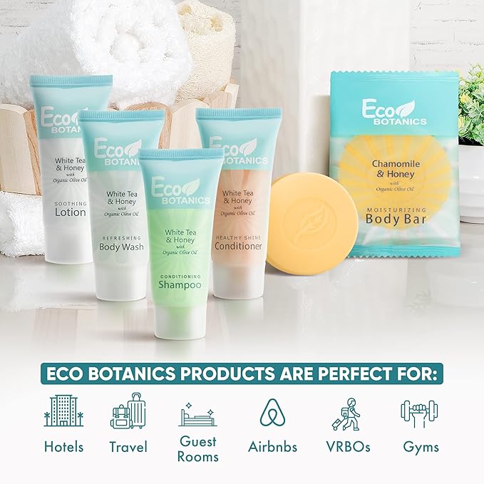 Eco Botanics Hotel Soaps & Toiletries Bulk Set | 0.85oz Hotel Shampoo & Conditioner, Body Wash, Body Lotion & Bar Soap Travel Size | 300 Pieces-Velvo Beauty