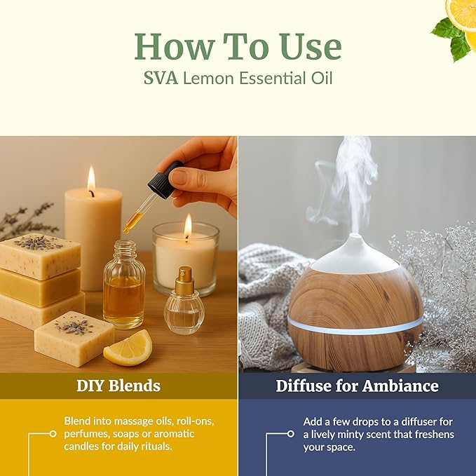 SVA Lemon Essential Oil – 4 Fl Oz – 100% Natural Lemon Oil - for Diffuser, Hair Care, Face, Skin Care, Aromatherapy, Scalp and Body Massage, Soap and Candle Making – with Dropper-Velvo Beauty