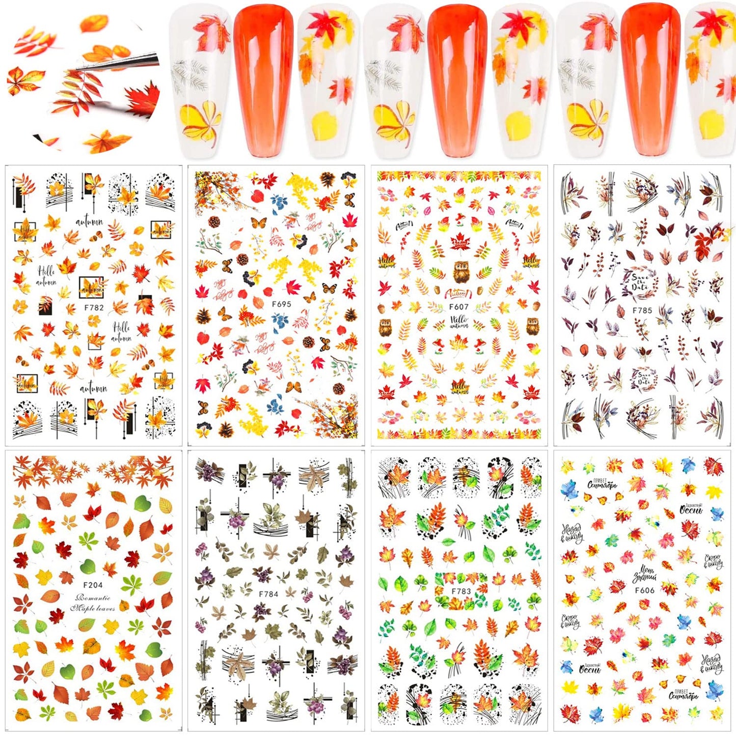 8 Sheets Fall Nail Art Stickers Thanksgiving Nail Decals 3D Maple Leaf Nail Stickers Autumn Butterfly Maple Leaves Nail Designs Decorations for Women Kids Girls Holiday DIY Manicure Charms-Velvo Beauty