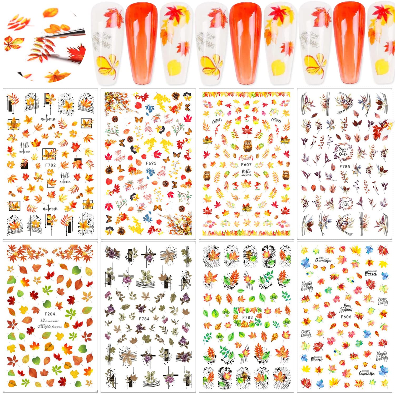 8 Sheets Fall Nail Art Stickers Thanksgiving Nail Decals 3D Maple Leaf Nail Stickers Autumn Butterfly Maple Leaves Nail Designs Decorations for Women Kids Girls Holiday DIY Manicure Charms-Velvo Beauty