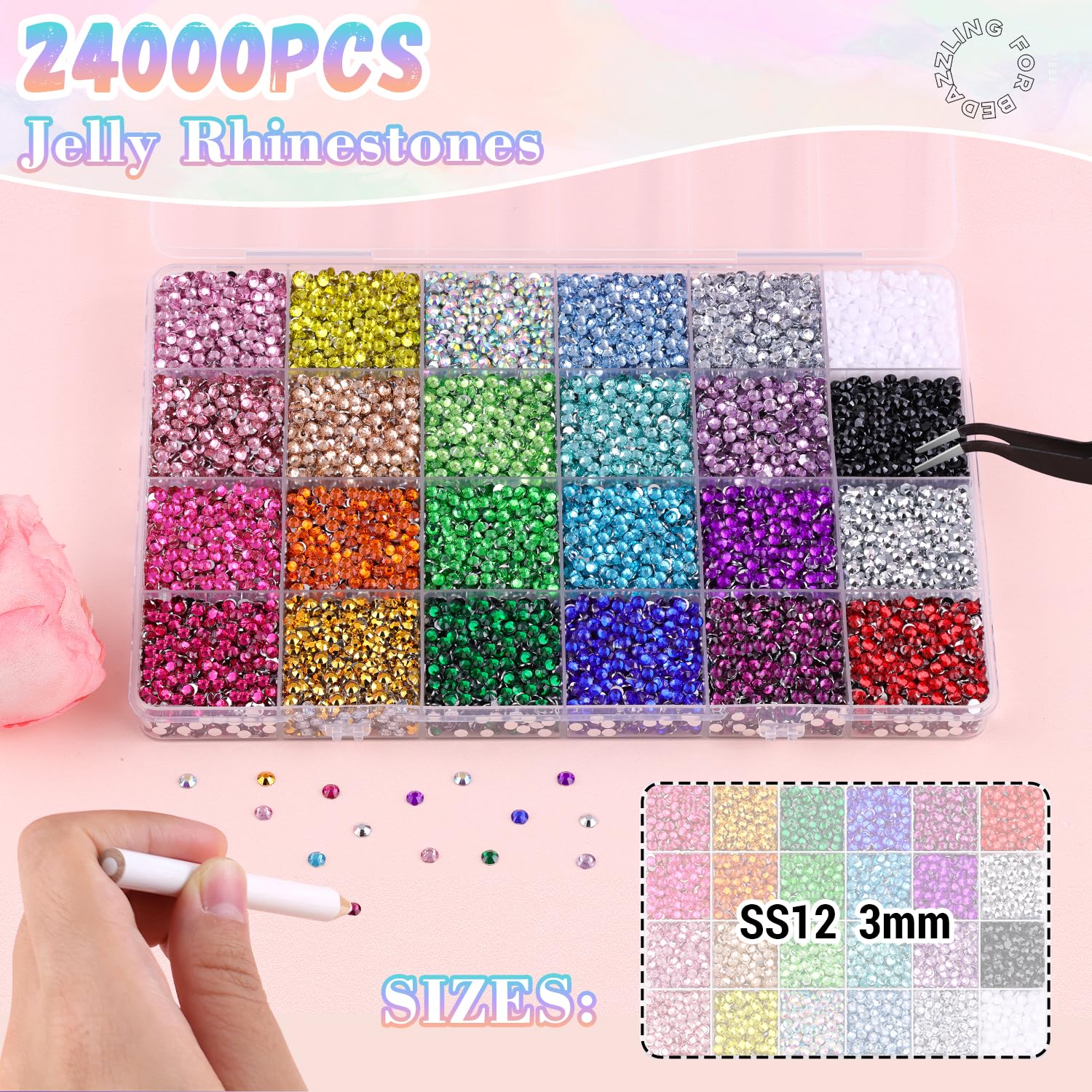 24000Pcs Resin Rhinestones with 3Pcs B7000 Jewelry Glue for Crafting, Multicolors 3mm Non Hotfix Flatback Gems, Bedazzling Crystal for DIY Crafts Clothing Tumblers Mugs Shoes Fabric Decor Nail Art-Velvo Beauty