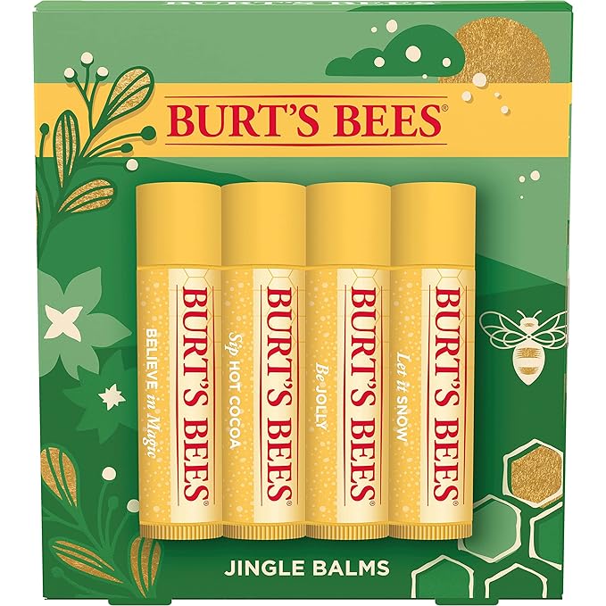 Burt's Bees Christmas Gifts, 4 Lip Balm Stocking Stuffers Products, Jingle Balms Set - Classic Beeswax Moisturizing Lip Balm-Velvo Beauty
