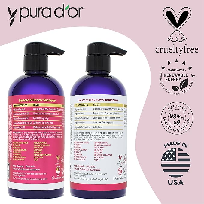 PURA D'OR Restore & Renew Shampoo and Conditioner Set for Strong, Healthy, and Nourished Hair with Organic Aloe Vera, Rosemary, Sea Buckthorn, Cacay, Coconut, Seaberry & Cedarwood-Velvo Beauty