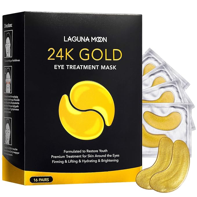 24K Gold Eye Mask, Anti-Aging Hydrolyzed Collagen and Hyaluronic Acid Under Eye Patches for Puffy Eyes & Bags, Dark Circles and Wrinkles, 16 pairs-Velvo Beauty