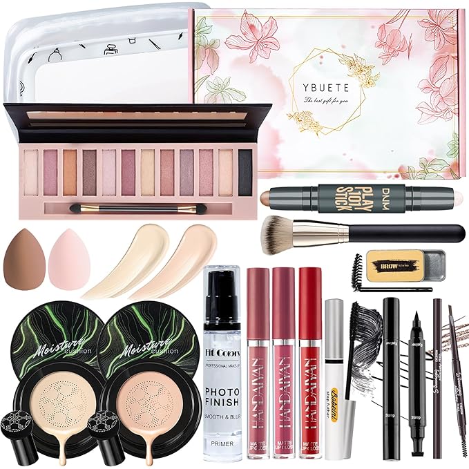 Makeup Kit Set for Women, Makeup Present for Women Teen Girl, Eyeshadow CC Cream Foundation Face Primer, Makeup Brush Sponge, Lipstick, Eyebrow Soap Pencil Mascara Eyeliner Cosmetic bag-Velvo Beauty