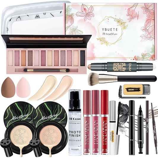 Makeup Kit Set for Women, Makeup Present for Women Teen Girl, Eyeshadow CC Cream Foundation Face Primer, Makeup Brush Sponge, Lipstick, Eyebrow Soap Pencil Mascara Eyeliner Cosmetic bag-Velvo Beauty