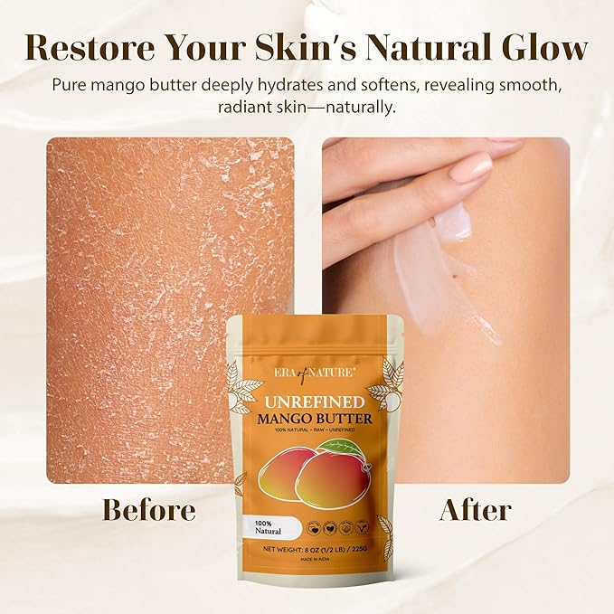 era of nature Organic Unrefined Raw Mango Body Butter Block 8oz - Moisturizing Mango Seed Raw Butter Bar for Skin & Hair, DIY Lip Balm Base, Cream, Soap & Lotion Making Supplies Kit, Personal Skincare-Velvo Beauty