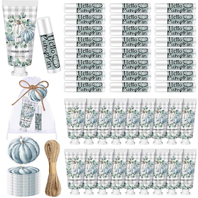 144 Pcs Fall Lip Balm Hand Cream Set Party Favors, Include 36 Blue Pumpkin Lip Balm 36 Moisturizing Hand Cream 36 Bags 36 Cards and Ropes for Autumn Accessories Gifts-Velvo Beauty