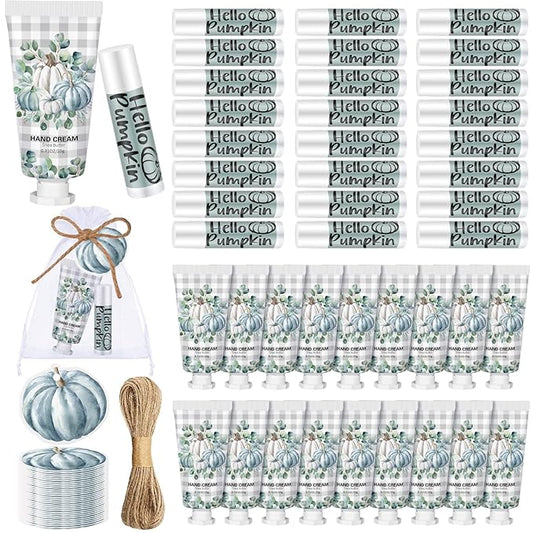 144 Pcs Fall Lip Balm Hand Cream Set Party Favors, Include 36 Blue Pumpkin Lip Balm 36 Moisturizing Hand Cream 36 Bags 36 Cards and Ropes for Autumn Accessories Gifts-Velvo Beauty