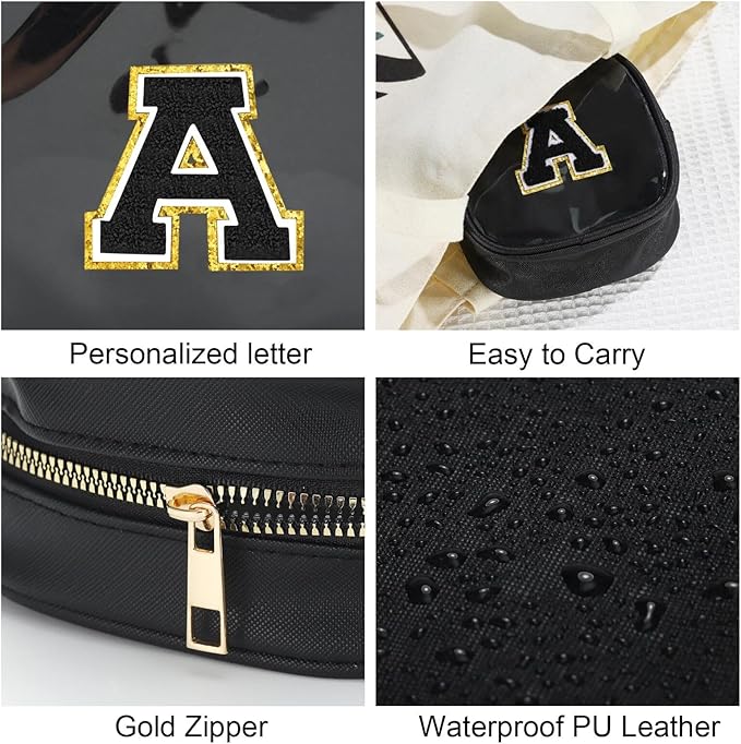YOOLIFE Initial Makeup Bag Travel Toiletry Bag, Clear Makeup Bag Car Accessories For Women Clear Makeup Bags With Zipper Girlfriend Teacher 13 Year Old Girl Gifts Daughter Girl Gifts Mini Black F-Velvo Beauty