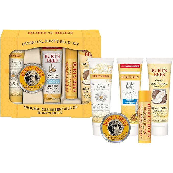 Burt's Bees Back to School Gifts Ideas, 5 Body Care College Dorm Products, Everyday Essentials Set - Original Beeswax Lip Balm, Deep Cleansing Cream, Hand Salve, Body Lotion & Foot Cream, Travel Size-Velvo Beauty
