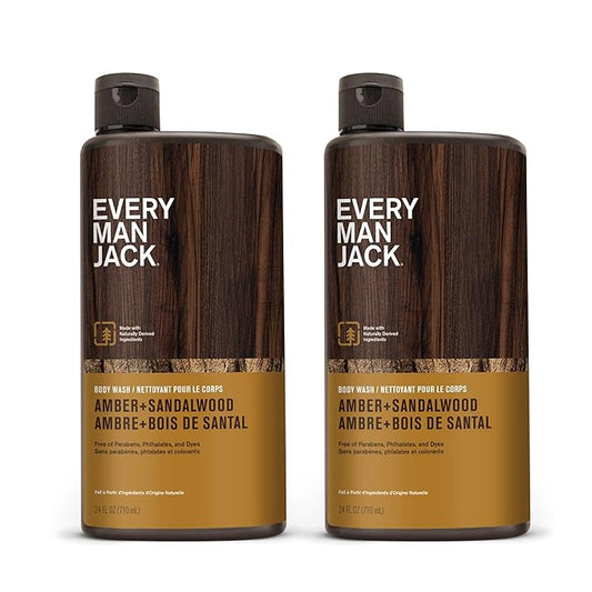 Every Man Jack Amber+Sandalwood Hydrating Mens Body Wash for All Skin Types-Cleanse, Nourish, and Hydrate Skin with Naturally Derived Ingredients-Paraben Free, Phthalate Free, Dye Free-24oz(Pack of 2)-Velvo Beauty