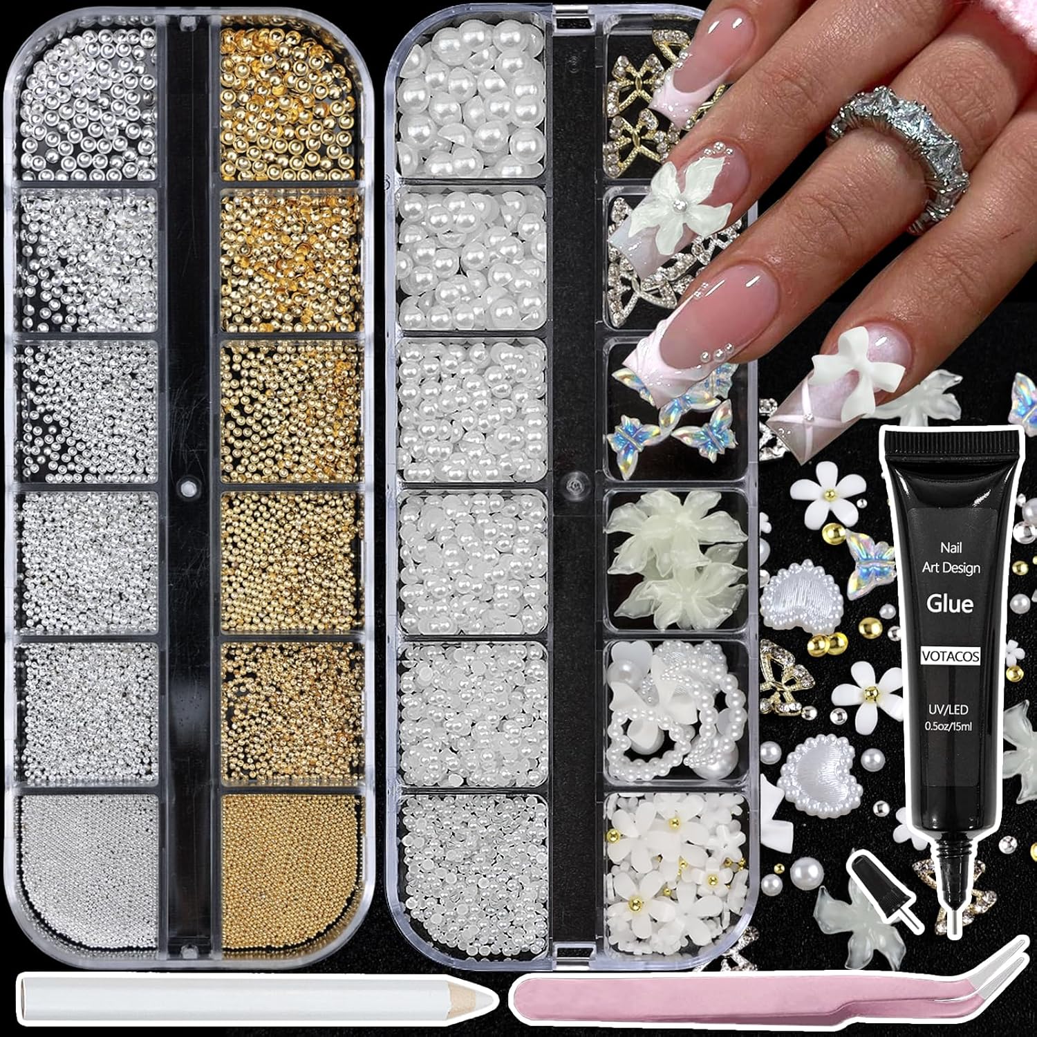 Nail Art Charms with Rhinestones Glue Gel White Flatback Pearls Flower Butterfly Nail Gems Supplies Accessories Gold Silver Nails Decoration Pearls for Women Nails Design-Velvo Beauty