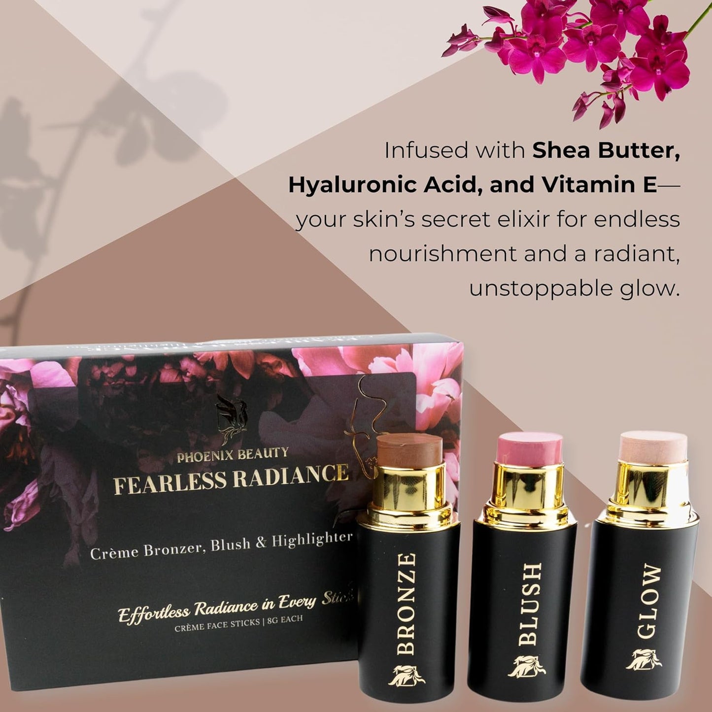 Cream Contour Stick Set – Blush, Bronzer & Highlighter Trio | Hydrating, Buildable, High-Pigment Makeup with Shea Butter & Vitamin E | Phoenix Beauty Gift Set (Enchanted)-Velvo Beauty