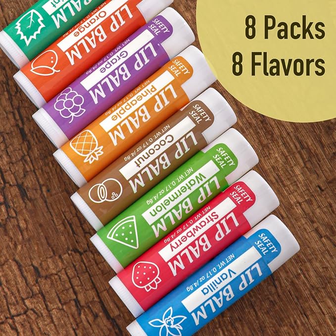Lip Balm, 8 Pack Natural Bulk with Vitamin E & Coconut Oil, Moisturizing Dry Cracked Lips Protection, 8 Flavors - Stocking Stuffers-Velvo Beauty