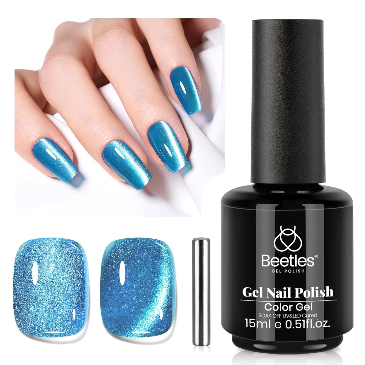 Beetles Blue Cat Eye Gel Polish, 15ML Blue Cat Eye Glitter Gel Polish with Magnet Shimmer Velvet Gel Soak Off UV Stellar Ocean Collection French Nail Art Design Manicure Summer Gifts for Women-Velvo Beauty