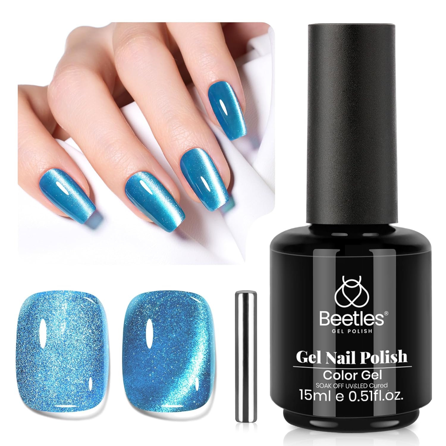 Beetles Blue Cat Eye Gel Polish, 15ML Blue Cat Eye Glitter Gel Polish with Magnet Shimmer Velvet Gel Soak Off UV Stellar Ocean Collection French Nail Art Design Manicure Summer Gifts for Women-Velvo Beauty