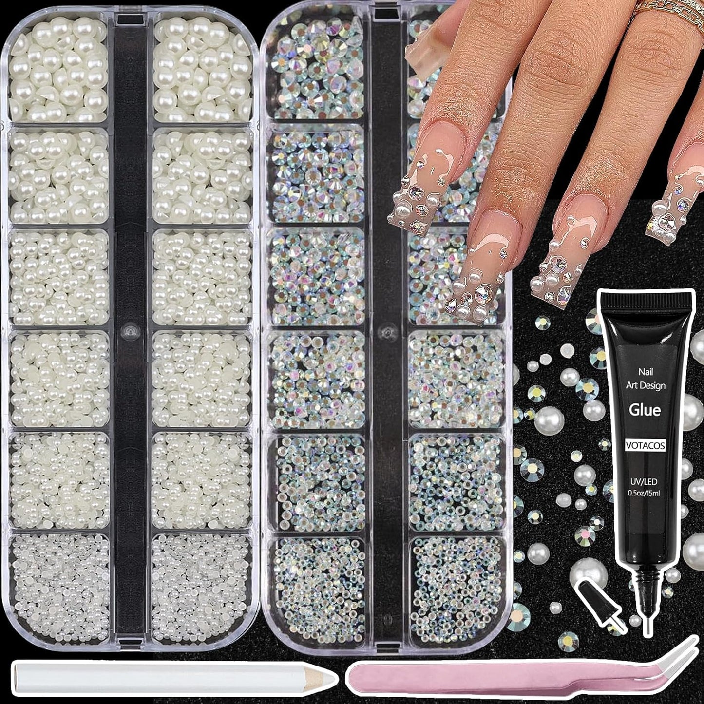 Nail Art Pearls Rhinestones with Glue Gel Flatback Cream Pearls AB Rhinestones Nail Charms Mixed Size 0.04-0.2in Nails Gems Pearl Accessories for Women Nails Design Decoration-Velvo Beauty