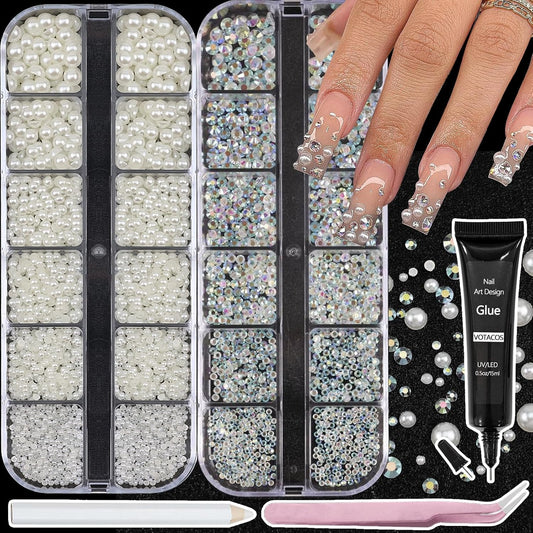 Nail Art Pearls Rhinestones with Glue Gel Flatback Cream Pearls AB Rhinestones Nail Charms Mixed Size 0.04-0.2in Nails Gems Pearl Accessories for Women Nails Design Decoration-Velvo Beauty