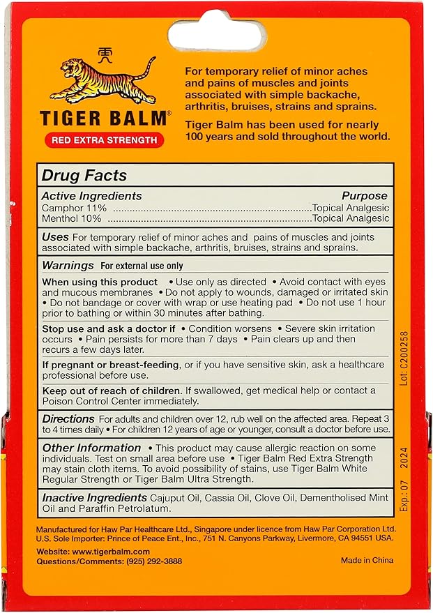 Tiger Balm Red Extra Strength Rub Balm, Alcohol Free, Cruelty Free, 0.63 Ounce (Pack of 6)-Velvo Beauty