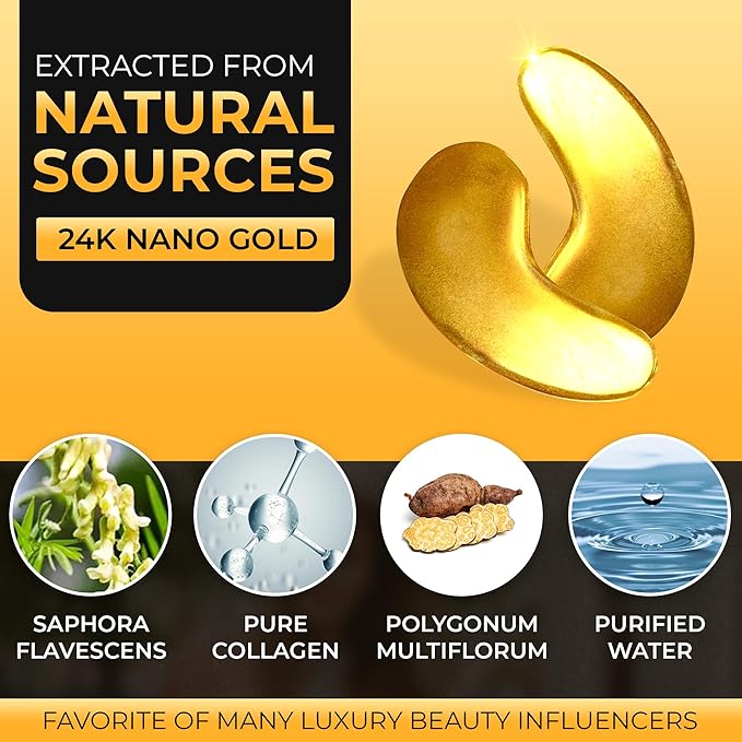 24k Gold Eye Mask - Under Eye Patches for Dark Circles, Puffiness, and Wrinkles - 20 Gold Eye Patches for Puffy Eyes with Collagen and Amino Acids for Intense Hydration and Firming-Velvo Beauty