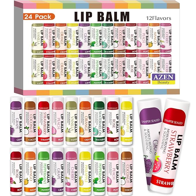 AZEN 24 Pack Lip Balm Stocking, Natural Lip Balm Bulk, Moisturizing Lip Balm for Dry Lips-Velvo Beauty