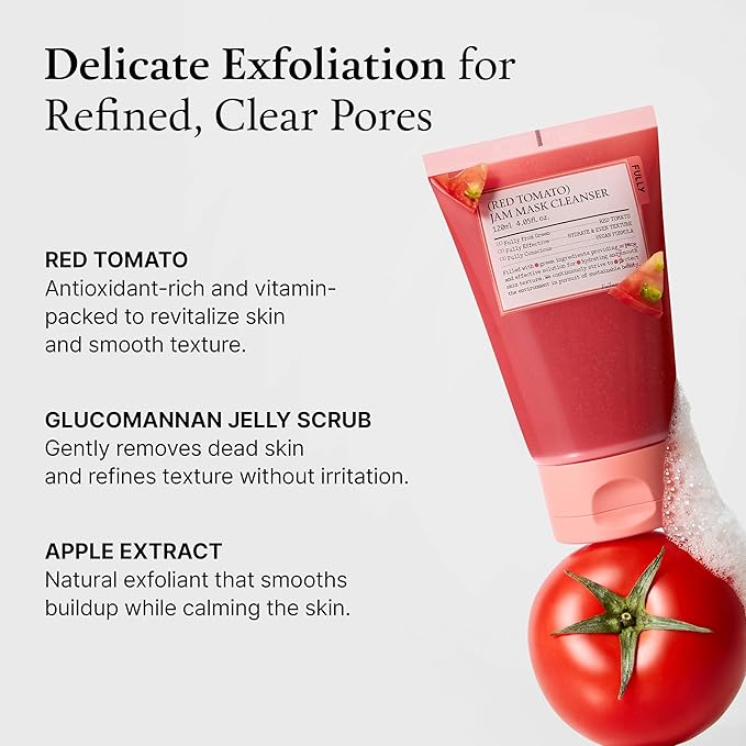 FULLY Red Tomato Jam Mask Cleanser, Gentle Exfoliation, Refines Skin Texture, Clear Pores, Hydration, Face Wash, Vegan, Rough & Sensitive Skin, Korean Skincare 4.05 fl.oz-Velvo Beauty