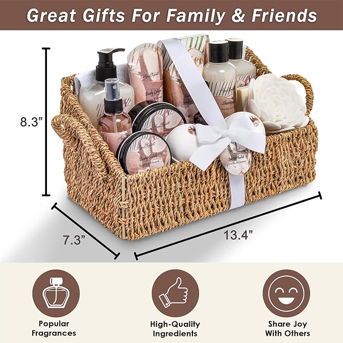 Bath Spa Gift Sets - Luxury Basket With Coconut & Vanilla - Spa Kit Includes Wash, Bubble Bath, Lotion, Bath Salts, Body Scrub, Shower Puff, Bathbombs, Soap in Wooden Basket-Velvo Beauty
