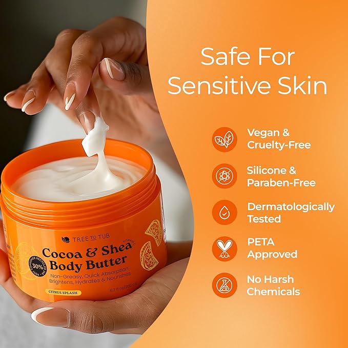 Tree to Tub Shea Body Butter for Dry, Extremely Dry, Sensitive Skin - Moisturizing Body Cream for Women & Men, Hydrating Body Lotion Moisturizer w/Vitamin C, Organic Cocoa, Citrus Scent-Velvo Beauty