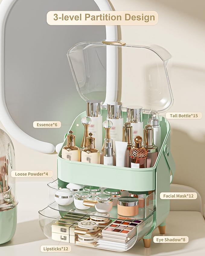 Makeup Organizer, Skincare Holder Bathroom Counter Organizer, Storage Box Cosmetic Display Cases, Teen Girl Gifts Trendy Stuff Make up Organizers for Vanity, Dresser, Countertop (Green)-Velvo Beauty