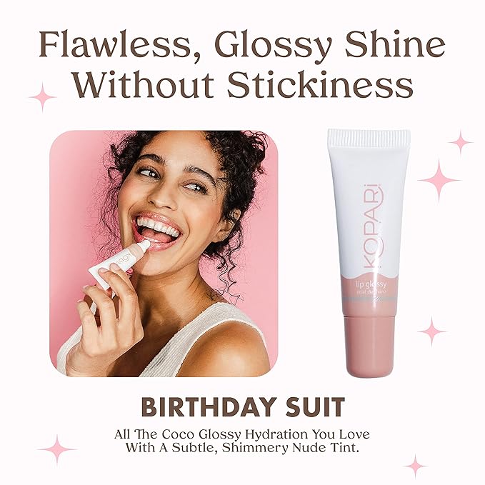 Kopari Coconut Lip Glossy | Nude Tint Birthday Suit | Vegan Hydrating Moisturizing Lip Oil Vitamin E Shea Butter Long Wear High Shine Non Sticky | Natural Clean Plant Based Non Toxic Balm Paraben Free-Velvo Beauty