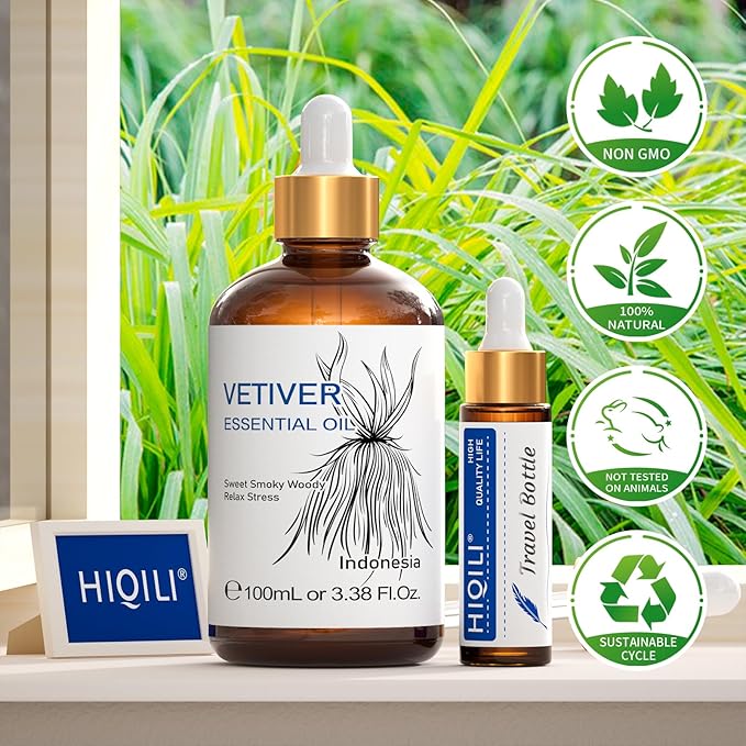 HIQILI 100ML Vetiver Essential Oil, 100% Pure Natural for Diffuser Calm and Relation- 3.38 Fl Oz-Velvo Beauty