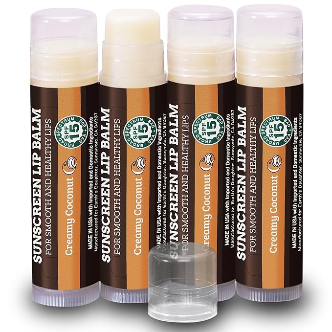 SPF Lip Balm 4-Pack by Earth's Daughter - Lip Sunscreen, SPF 15, Organic Ingredients, Coconut Flavor, Beeswax, Coconut Oil, Vitamin E - Hypoallergenic, Paraben Free, Gluten Free, New-Velvo Beauty