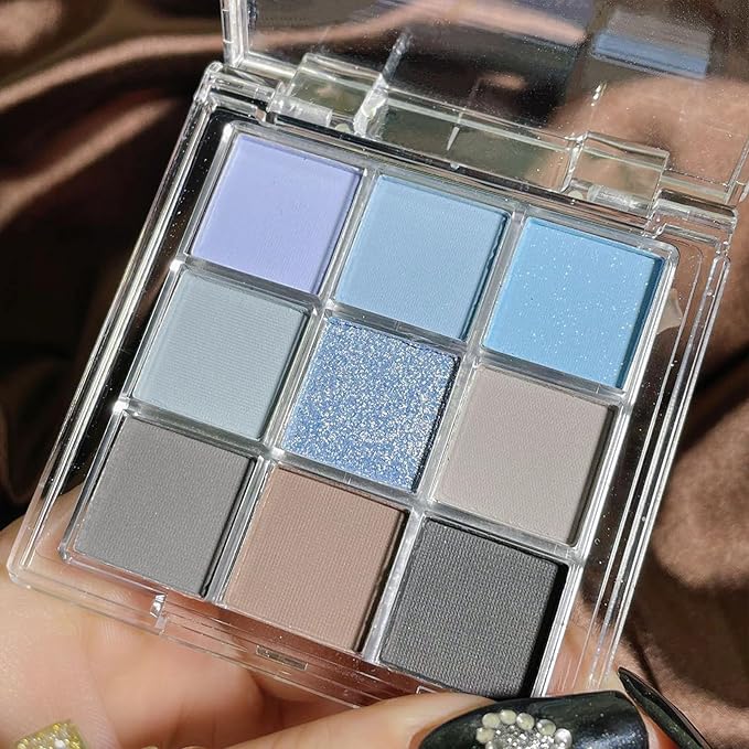 Erinde 9 Colors Eyeshadow Palette, Matte Shimmer Glitter Eye Shadow Palette Makeup, Highly Pigmented Long Lasting Waterproof, Natural Neutral Nude Eyeshadow Make Up Pallet, Blue-Velvo Beauty