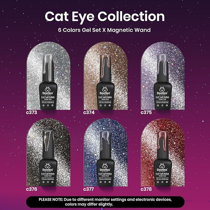 Beetles Cat Eye Gel Nail Polish Set 6 Colors Glitter Red Purple Blue Nail Polish with Magnet Spring Gel Polish Soak Off U V Led Gifts for Women Girls Salon DIY Home-Velvo Beauty