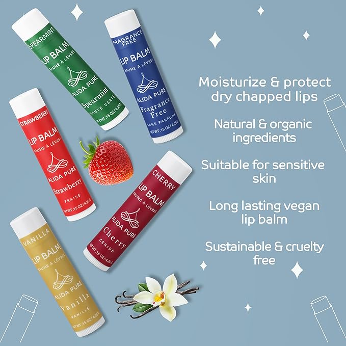 Melody Lip Balm Collection, Vegan Lip Balm Set, Beeswax Free, with Avocado Oil, Organic Jojoba Oil, and Vitamin E, Natural Moisturizer for Dry, Chapped Lips, 5 Tube Set-Velvo Beauty