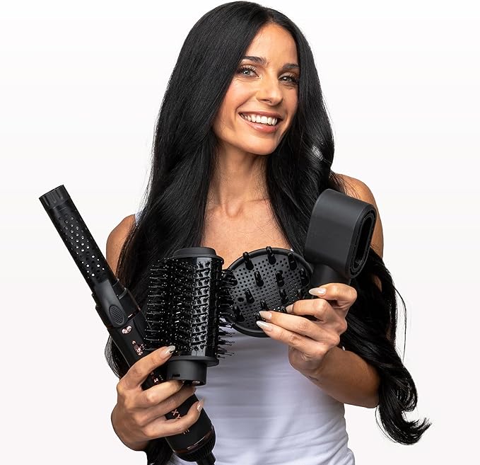 Foxybae Super Styler – 4-in-1 Blow Dryer Brush Set - Diffuser, Blowout Brush, 1.25” Curling Barrel & Drying Cylinder - Voluminous, Frizz-free Hair - Blow Dryer, Straightener & Curler [Black Rose-Gold]-Velvo Beauty