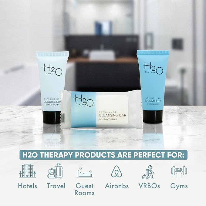 H2O Therapy Hotel Soaps and Toiletries Bulk Set | 1-Shoppe All-In-Kit Amenities for Hotels & Airbnb | 0.85 oz Hotel Shampoo & Conditioner, 1 oz Bar Soap Travel Size | 150 Pieces-Velvo Beauty