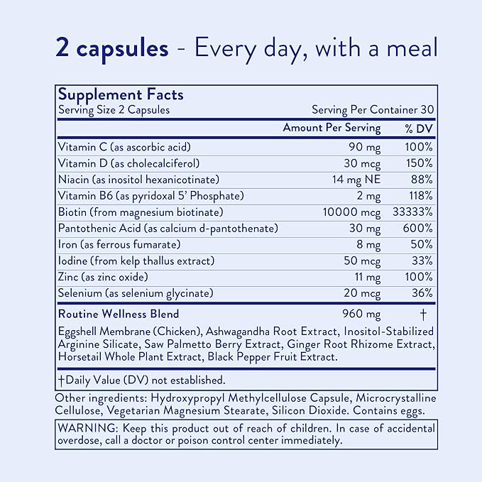 Routine Wellness Hair Growth Supplement - Clinically Proven for Thicker, Fuller Hair - Reduces Wrinkles, Fine Lines - Gluten Free, Ideal for Women & Men with Thinning Hair - 2 Bottles, 60 Day Supply-Velvo Beauty