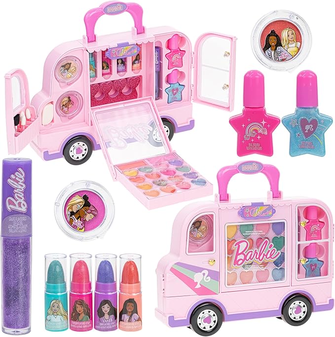 Barbie Car Makeup Kit for Girls, Real Washable Toy Makeup Set, Barbie Gift, Play Makeup and Pretend Play Toys Ages 6 7 8 9 10 11 12-Velvo Beauty