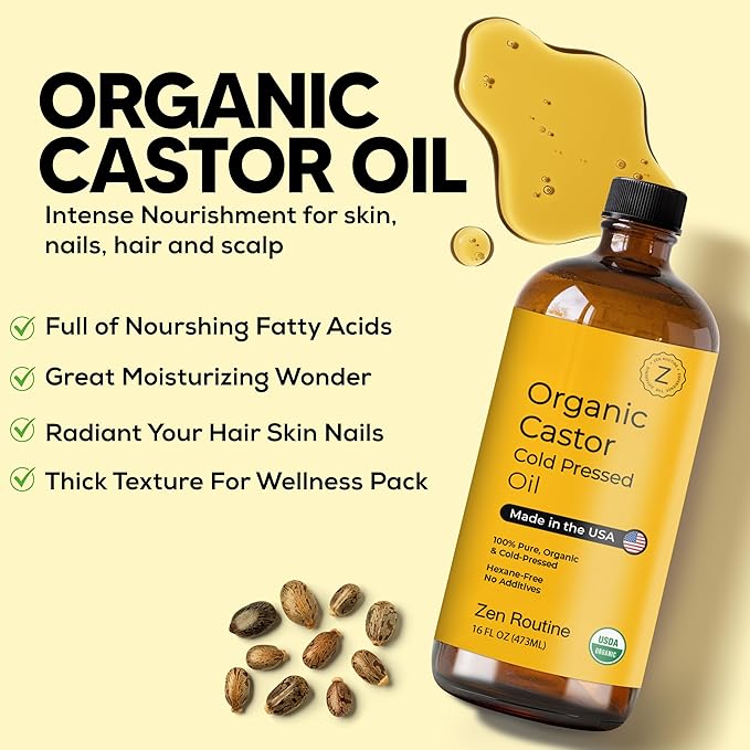 Zen Routine Organic Castor Oil (Glass Bottle - 16oz / 2-Pack) Hexane Free – Hair Growth Oil, Eye Lashes & Stomach, Pure 100% Cold Pressed Unrefined Castor Pack Wrap – USDA Certified, Made in the USA-Velvo Beauty