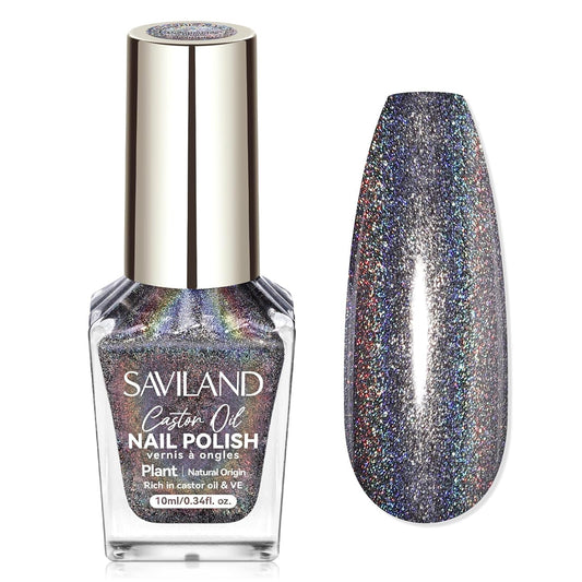 SAVILAND Holographic Black Nail Polish: Metallic Glitter Fingernail Polish Holographic Laser Plant-base Castor Oil Quick Dry Nail Polish Easy Use Remove Chrome Halo Nail Polish Beginner DIY Nail Tech-Velvo Beauty