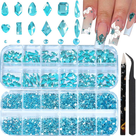 HNUIX Nail Rhinestones - 3D Multi Shape Size Crystal, Aquamarine Nail Gems, Flat Back, with Kit, for Nail Art, DIY Decorations-Velvo Beauty