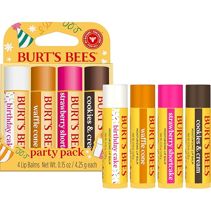 Burt's Bees Lip Balm Party Pack - Birthday Cake, Waffle Cone, Strawberry Shortcake, and Cookies & Cream, All Day Moisturizer, Tint-Free, Natural Origin Conditioning Lip Treatment, 4 Tubes, 0.15 oz.-Velvo Beauty